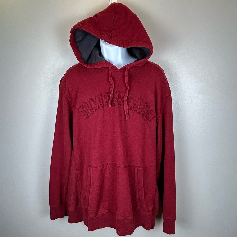 VTG Timberland Hoodie Mens XL‎ Burgundy Maroon Sweatshirt Pullover Spellout Logo